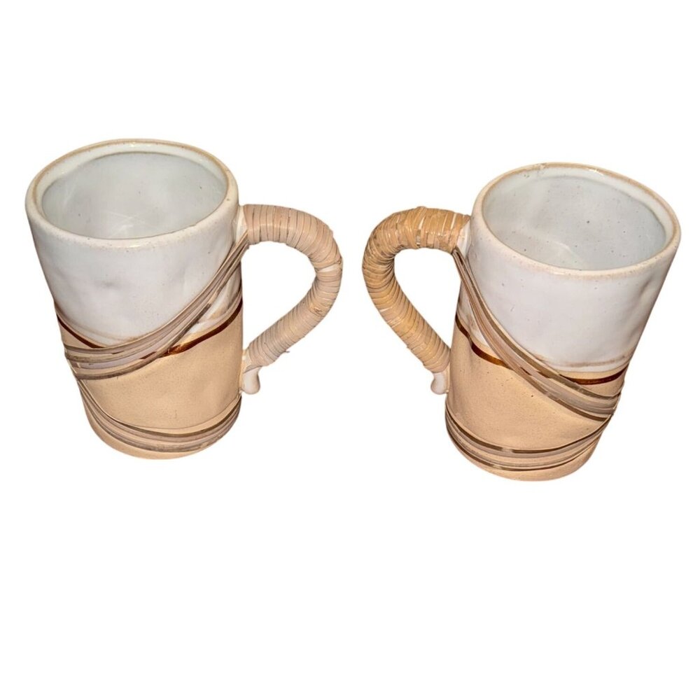 Set Of 2 Ceramic Mugs With Wrapped Handles Rustic Design Hand Wash Only
